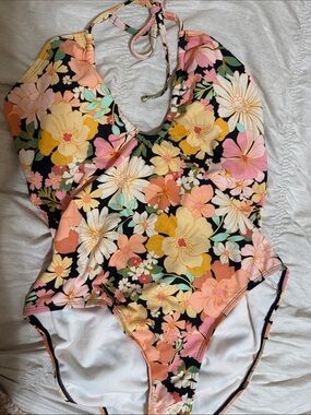 Xhilaration Black Floral Halter One-Piece Swimsuit with Peach and Pink Blooms